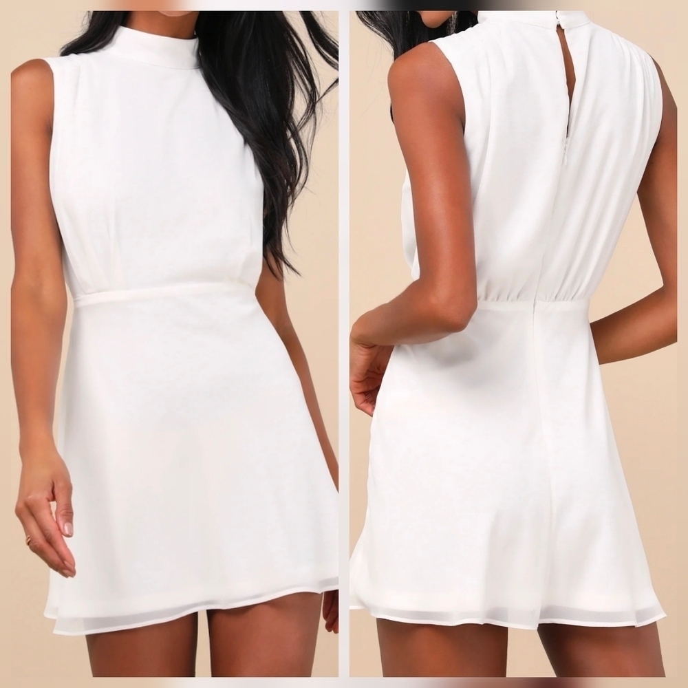 Lulus Classic Elegance White Chiffon Sleeveless Mock Neck Mini Dress, Size Large